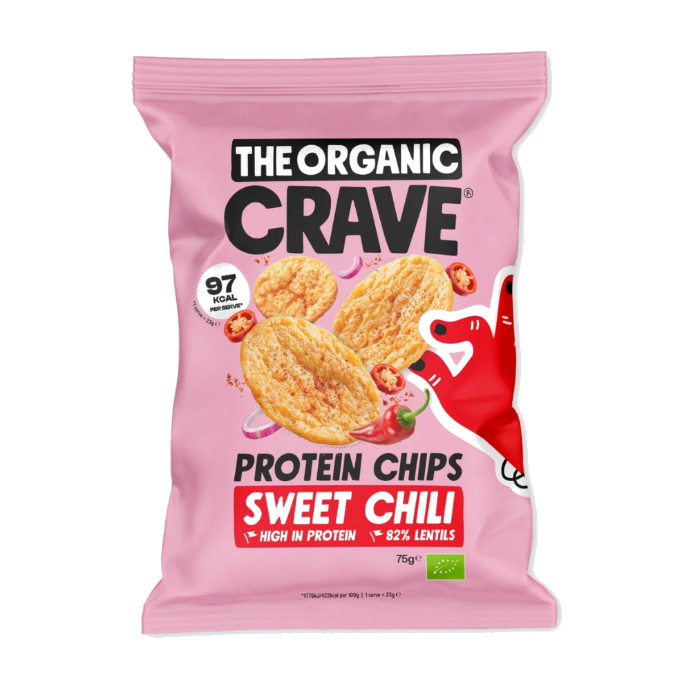 ORGANIC CRAVE bioloģiskie lēcu čipsi ar augstu olbaltumvielu saturu un saldo čili garšu, 75 g