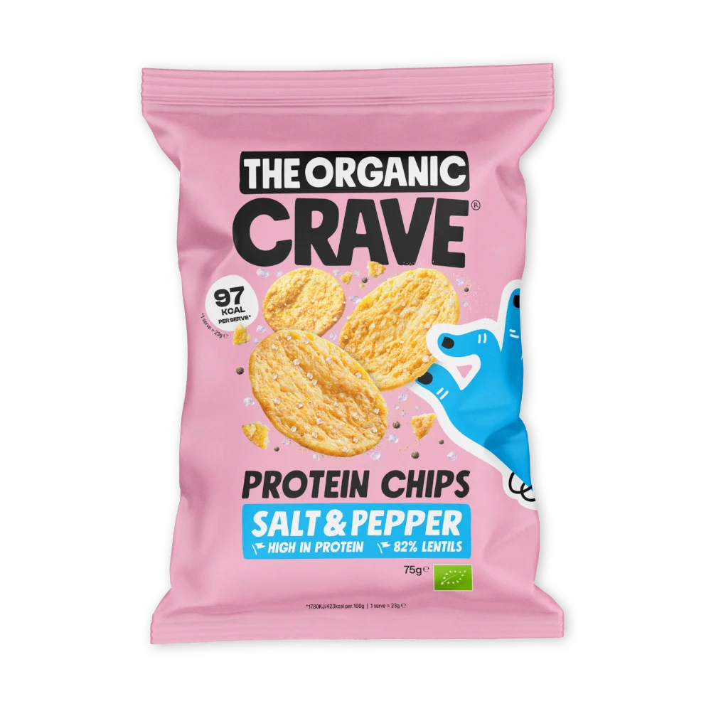ORGANIC CRAVE Bioloģiski lēcu kraukšķi ar augstu olbaltumvielu saturu, ar sīpoliem un pipariem, 75 g